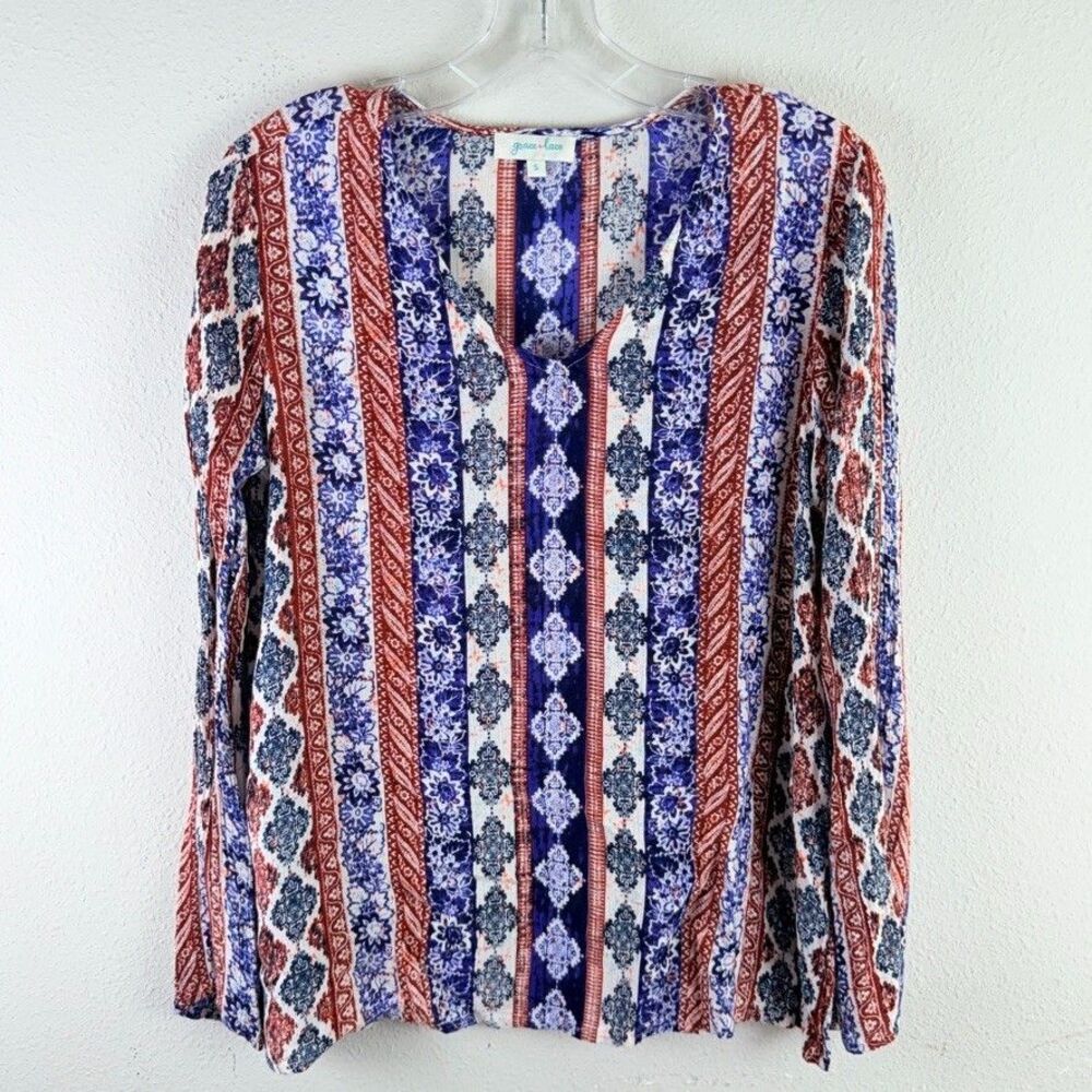 Grace Lace Blouse Womens Small Oversized Multicolor Geometric Boho Long Sleeve